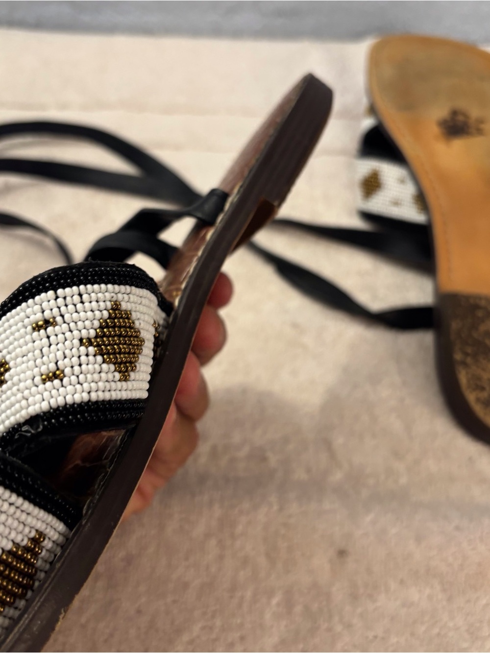 Sam Edelman Brown Leather Slide Sandals with White and Gold Beaded Straps - Picture 8 of 12
